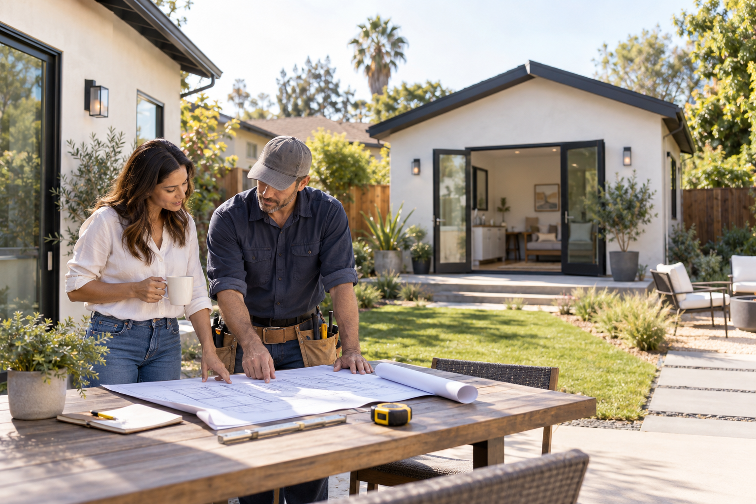 Homeowner and contractor reviewing ADU plans in a Los Angeles backyard