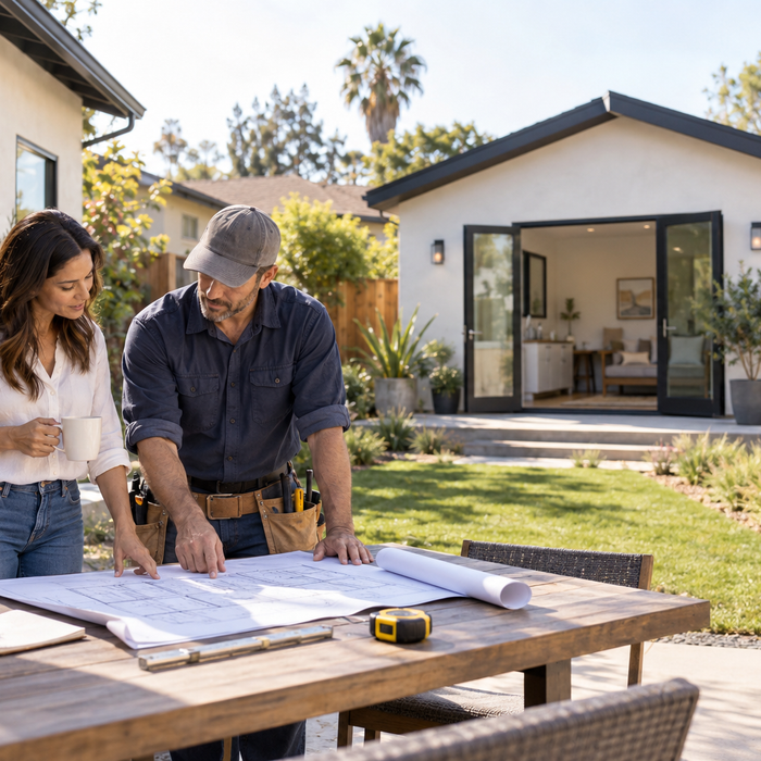 Homeowner and contractor reviewing ADU plans in a Los Angeles backyard