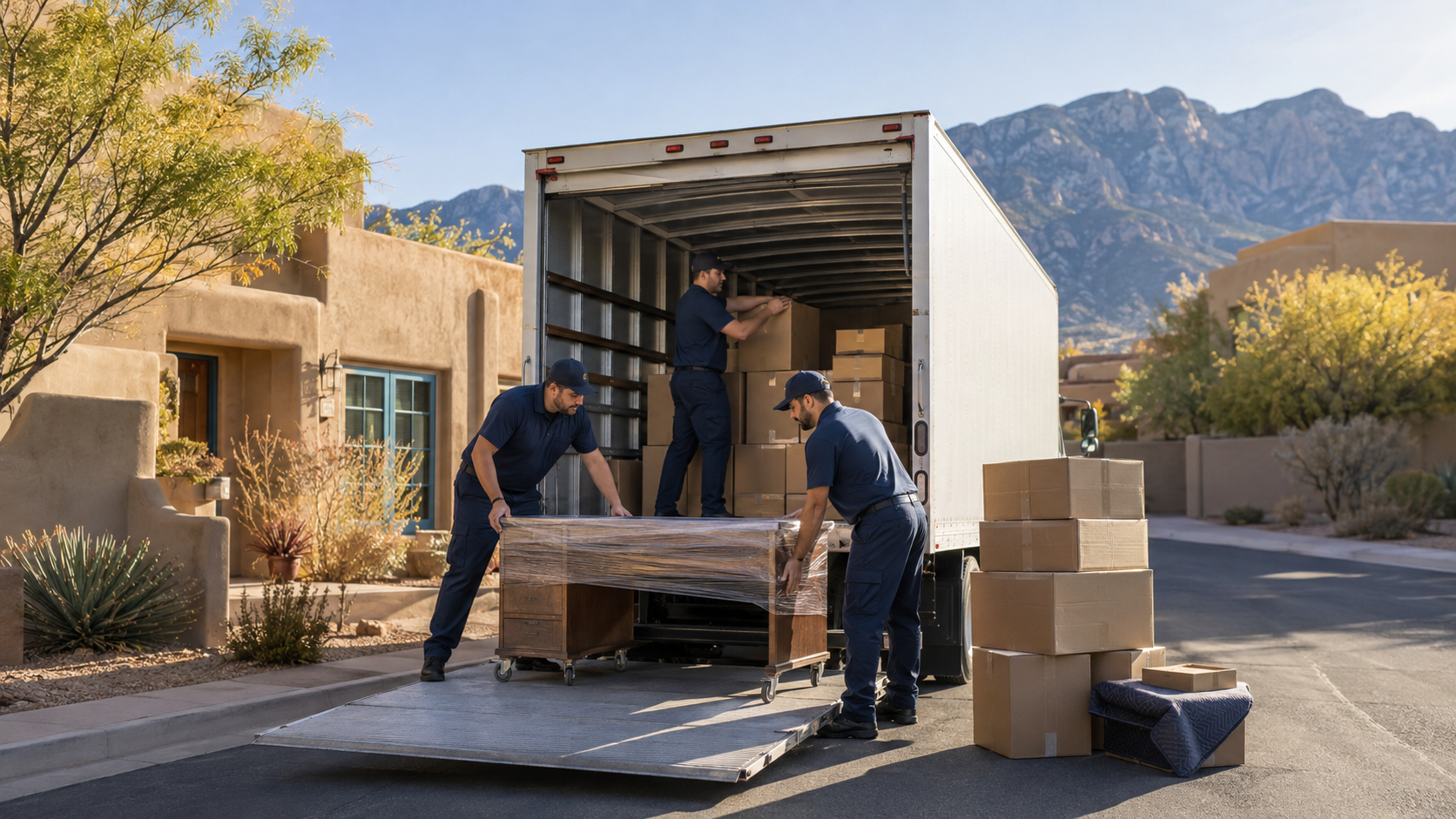 Professional movers loading a truck in an Albuquerque neighborhood