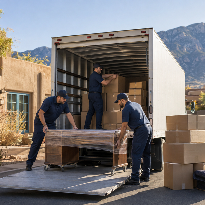 Professional movers loading a truck in an Albuquerque neighborhood