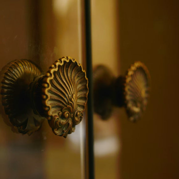 Ornate antique brass doorknob on a wooden door