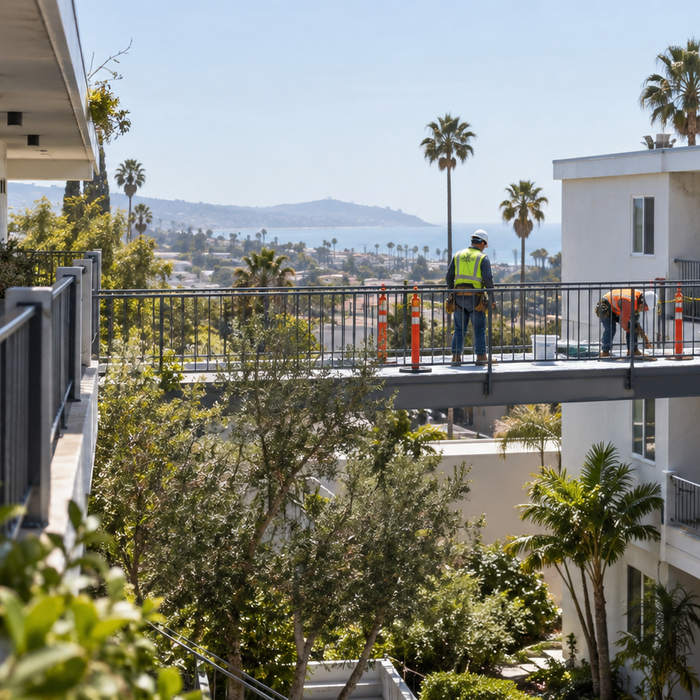 Waterproofing crew works on an elevated California apartment walkway