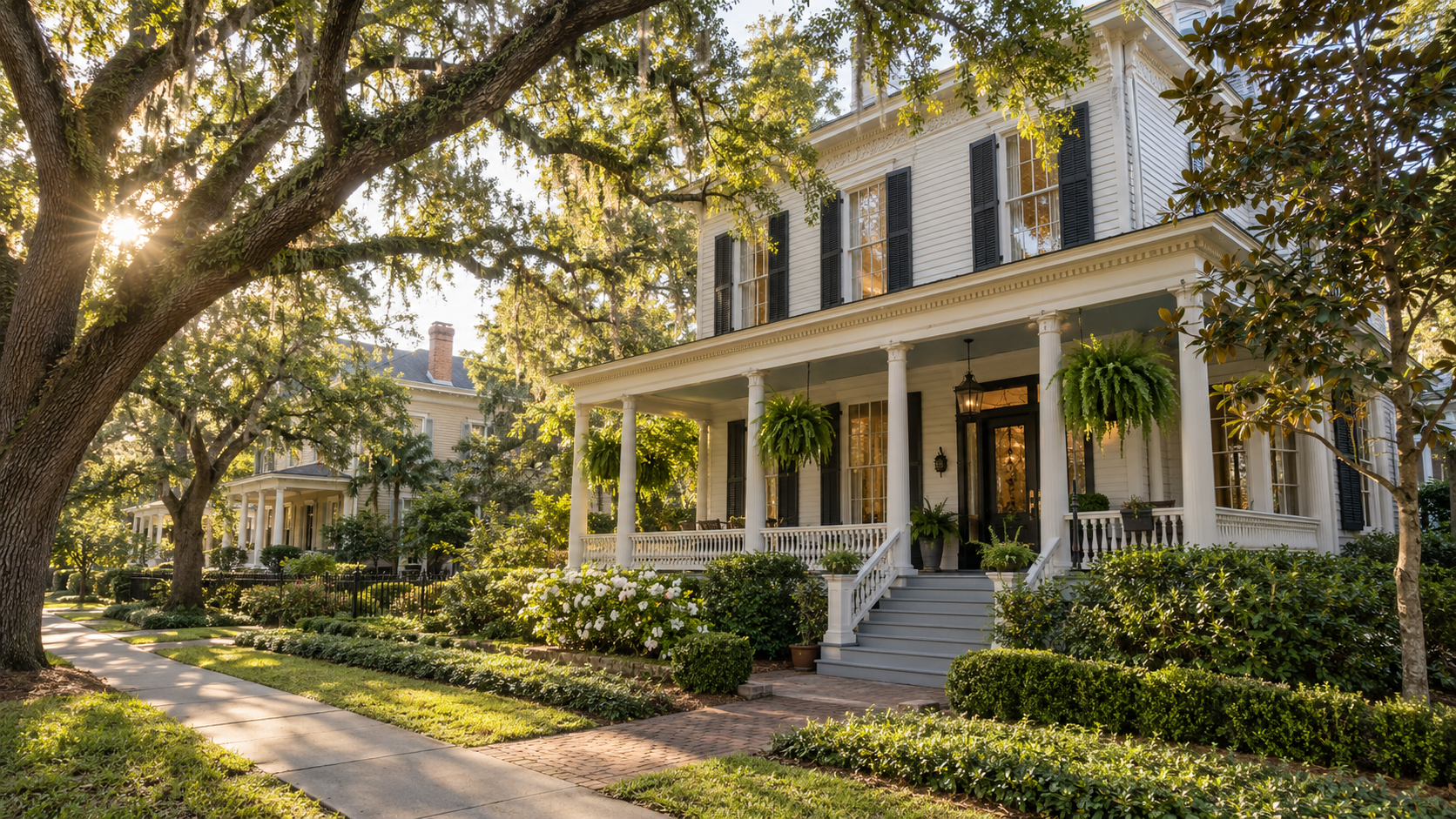 Restored historic Southern home on a tree-lined residential street in Augusta, Georgia