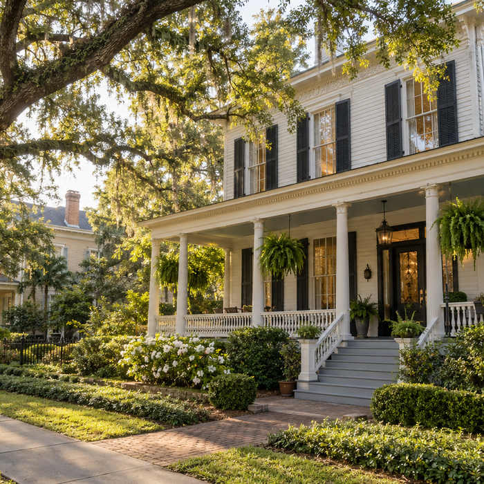 Restored historic Southern home on a tree-lined residential street in Augusta, Georgia