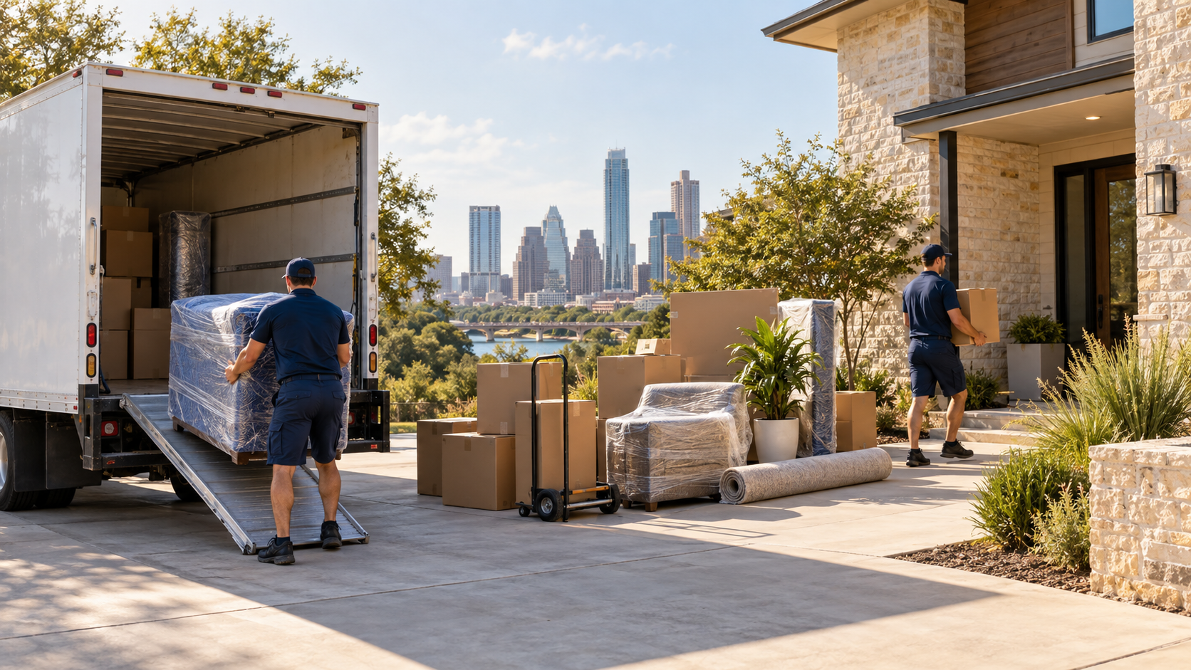 Full-service residential movers working outside an Austin home