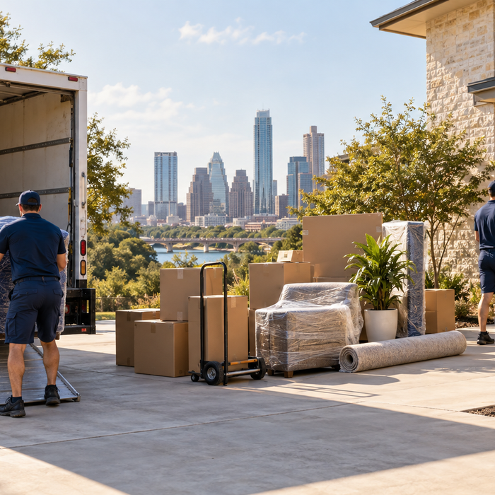Full-service residential movers working outside an Austin home