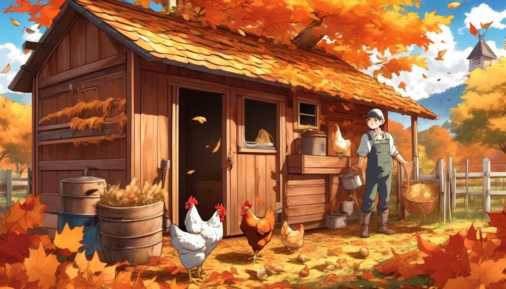 Illustration of chickens outside a wooden coop during autumn maintenance