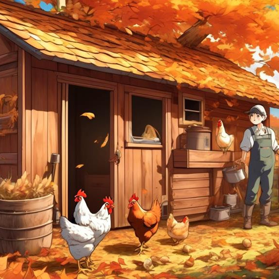 Illustration of chickens outside a wooden coop during autumn maintenance