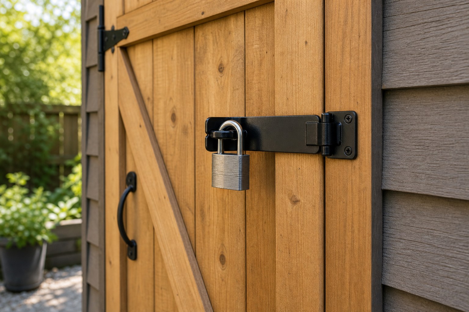 Wooden shed door secured with a hasp and padlock