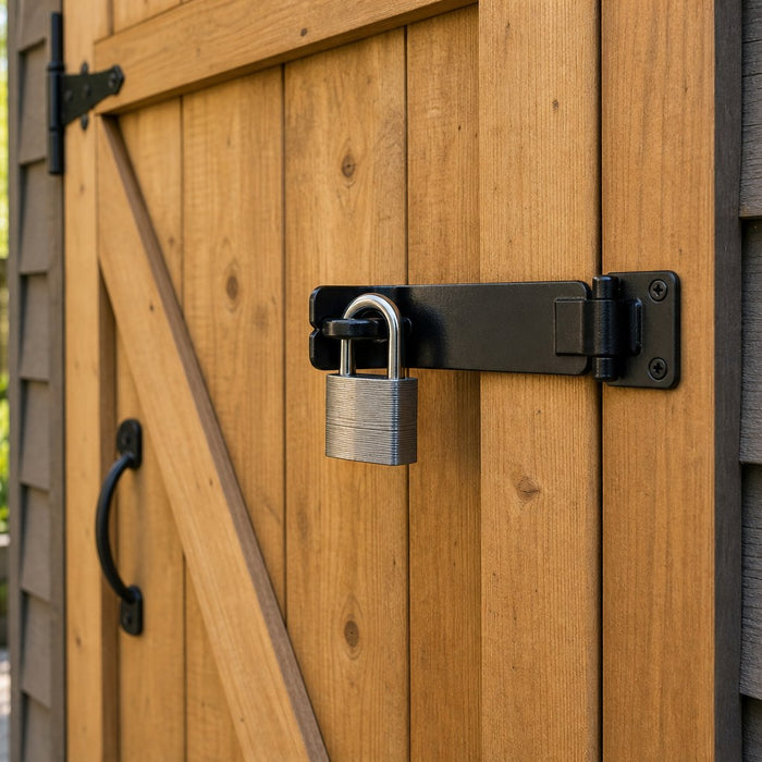 Wooden shed door secured with a hasp and padlock