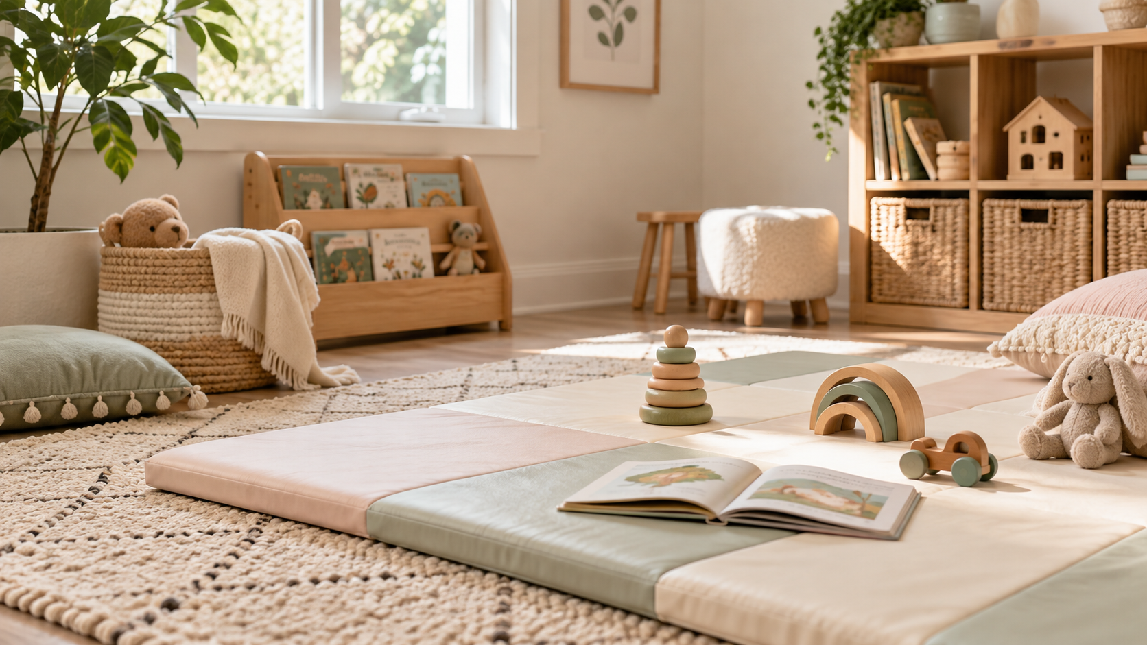 Comfortable home playroom with a cushioned baby play mat and soft rug