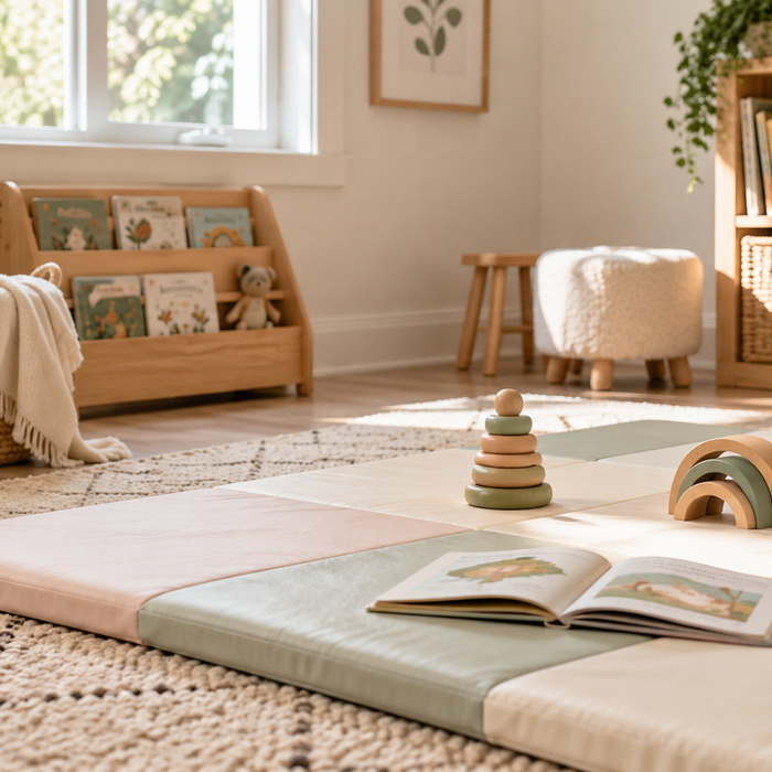Comfortable home playroom with a cushioned baby play mat and soft rug