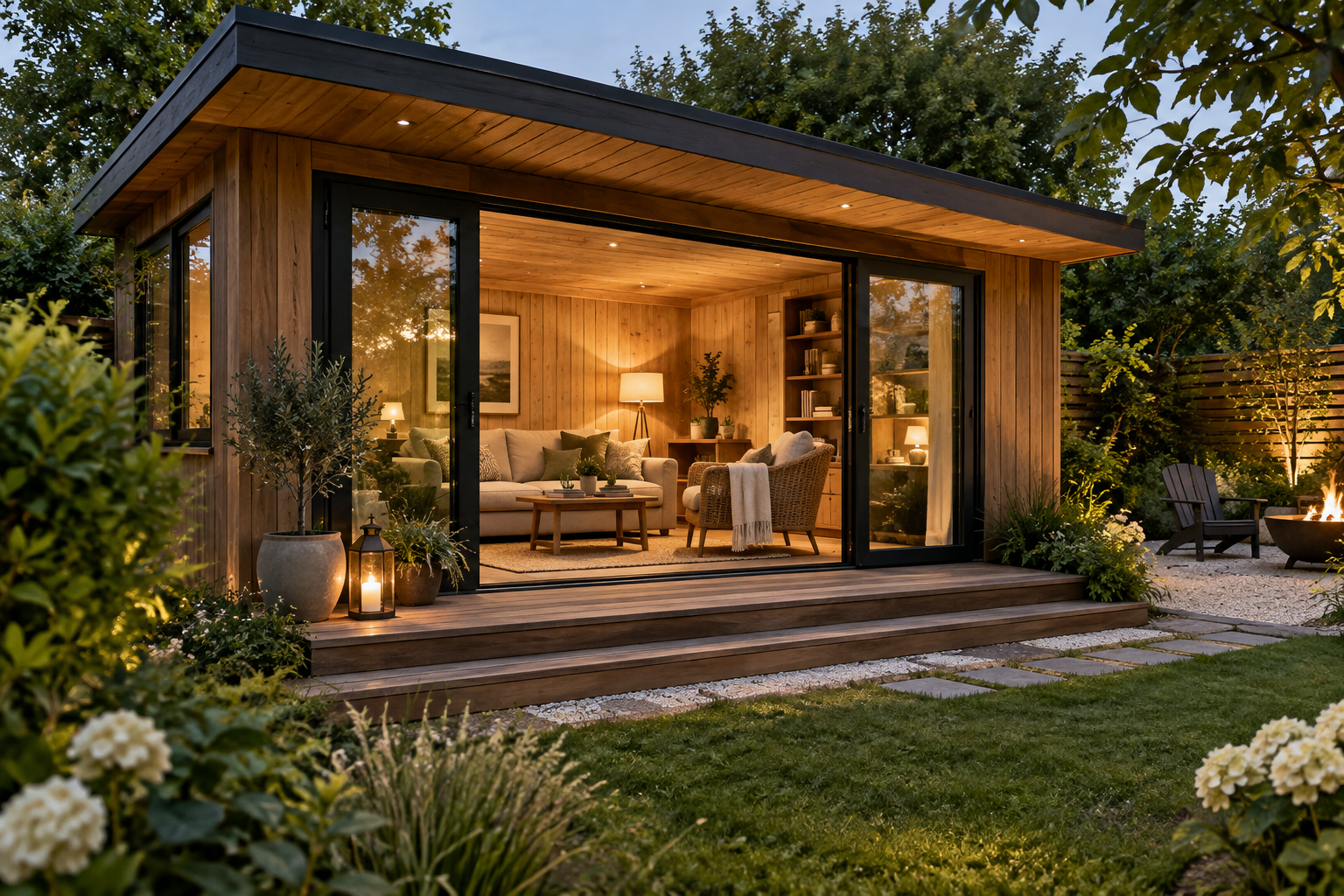 Backyard cabin converted into a warm and inviting living space