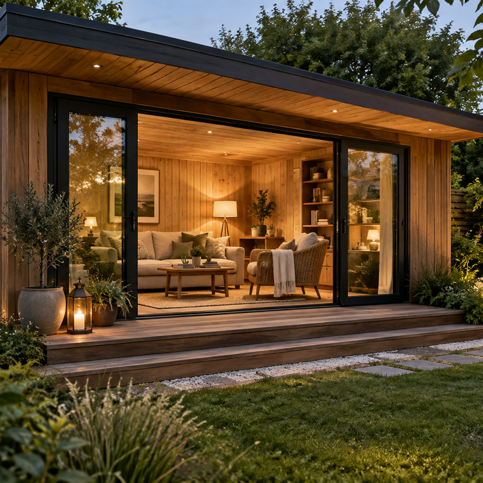 Backyard cabin converted into a warm and inviting living space