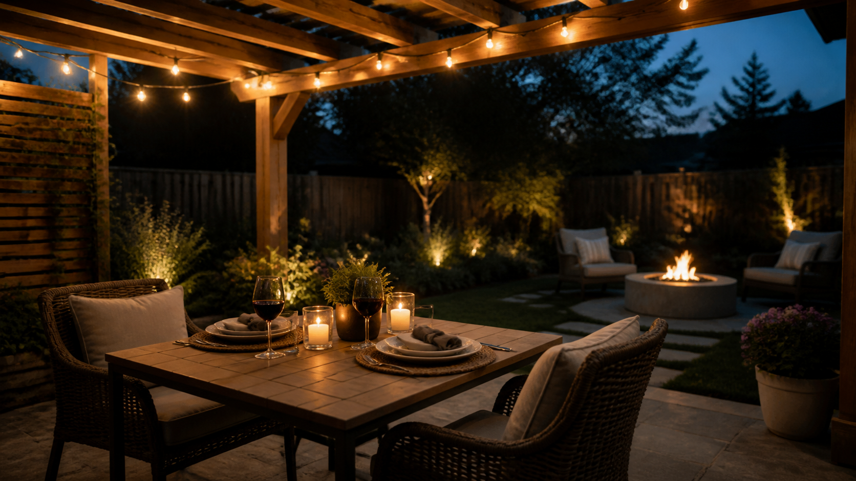 A romantic backyard dinner table beneath a pergola with string lights at dusk