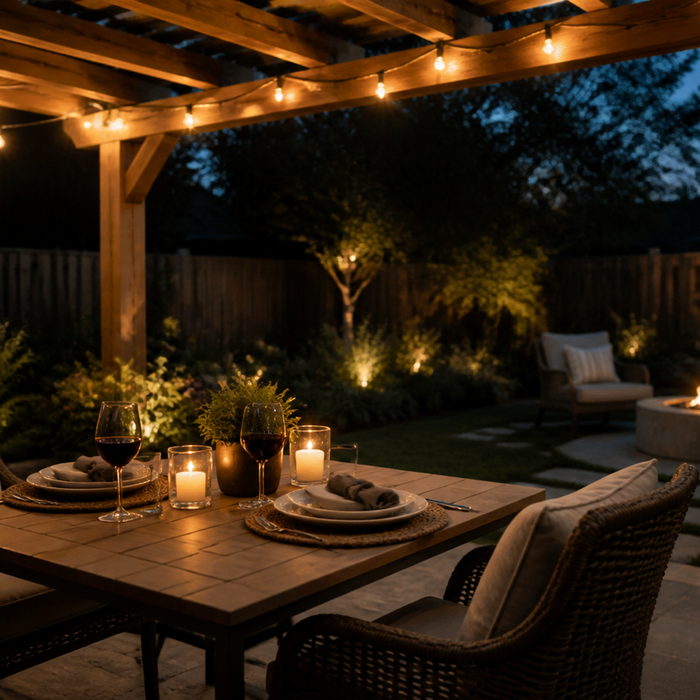 A romantic backyard dinner table beneath a pergola with string lights at dusk