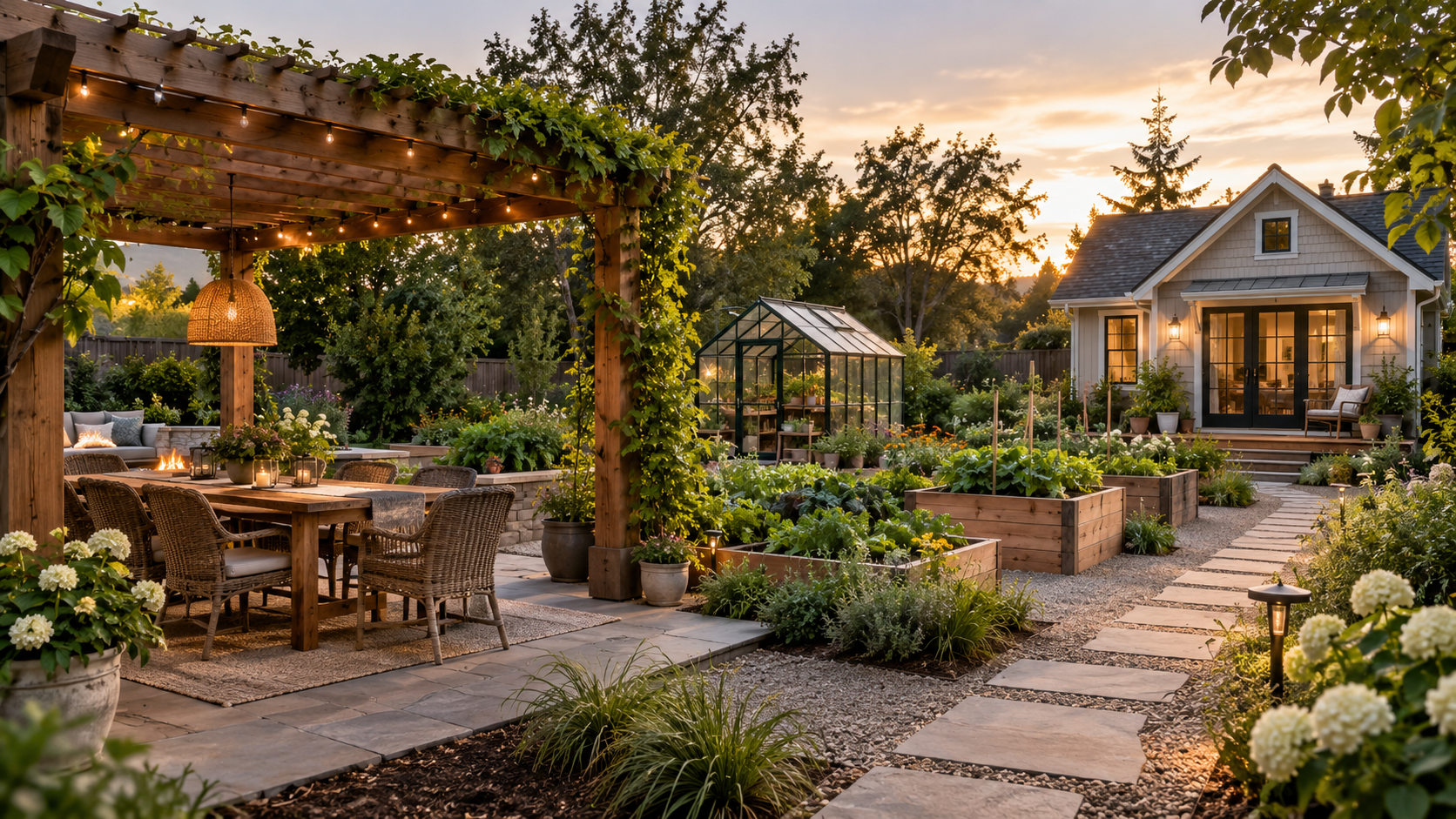 Backyard with pergola dining area, raised garden beds, greenhouse, and guest house