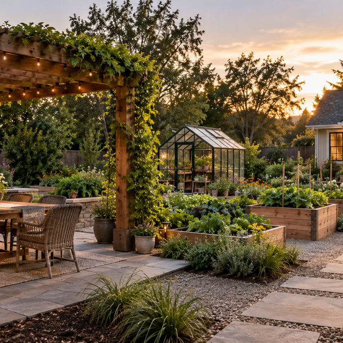 Backyard with pergola dining area, raised garden beds, greenhouse, and guest house