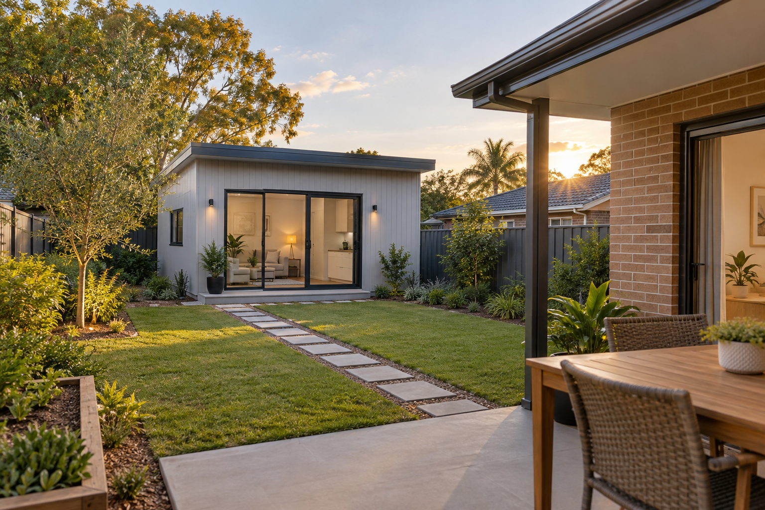 Compact modern granny flat in a landscaped Australian backyard at sunset