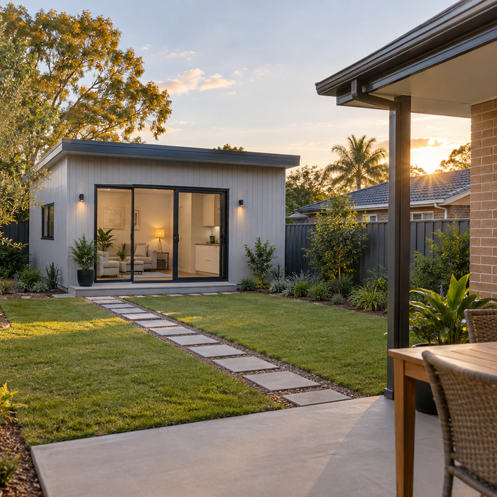 Compact modern granny flat in a landscaped Australian backyard at sunset