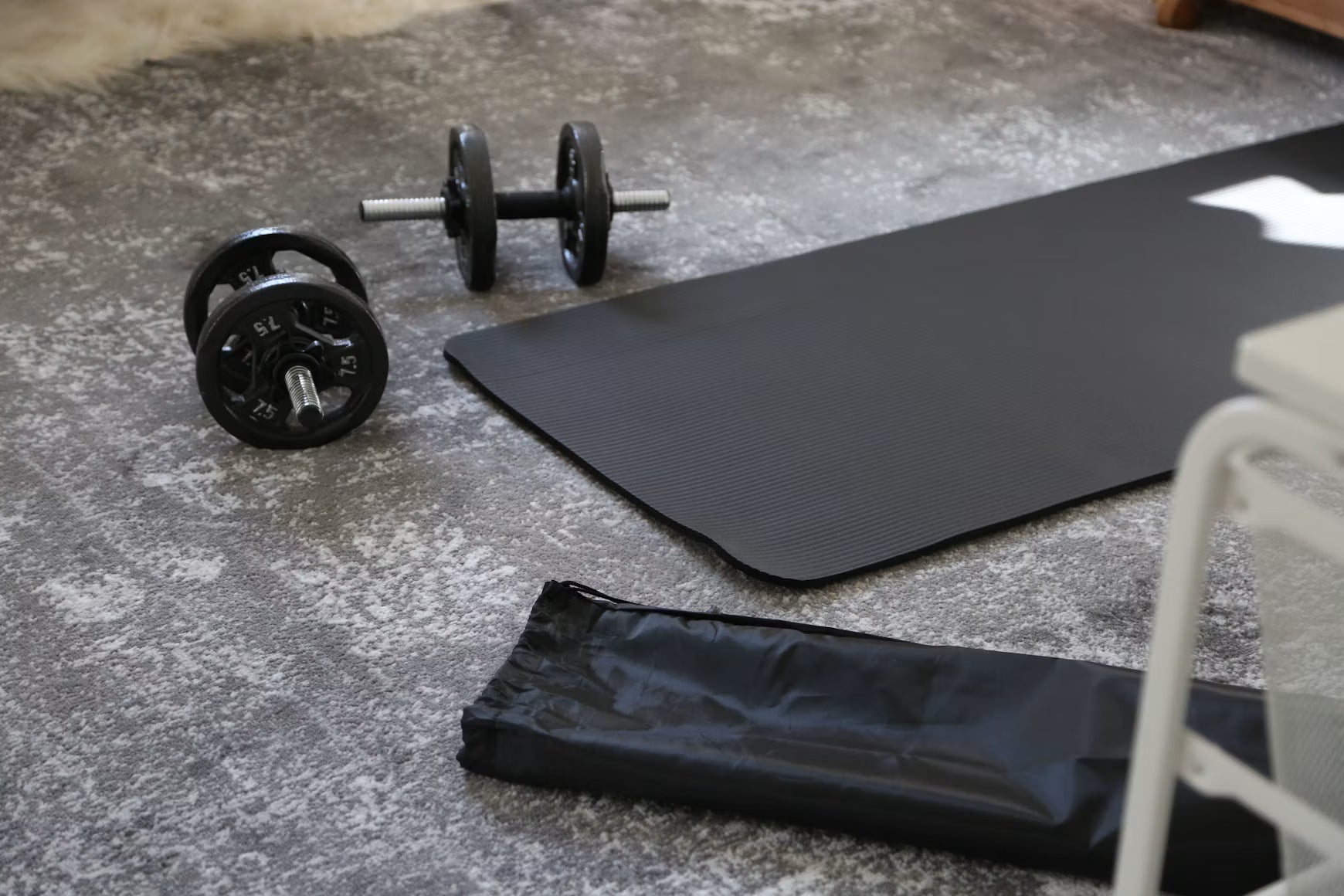 Exercise mat and dumbbells arranged inside a backyard home gym