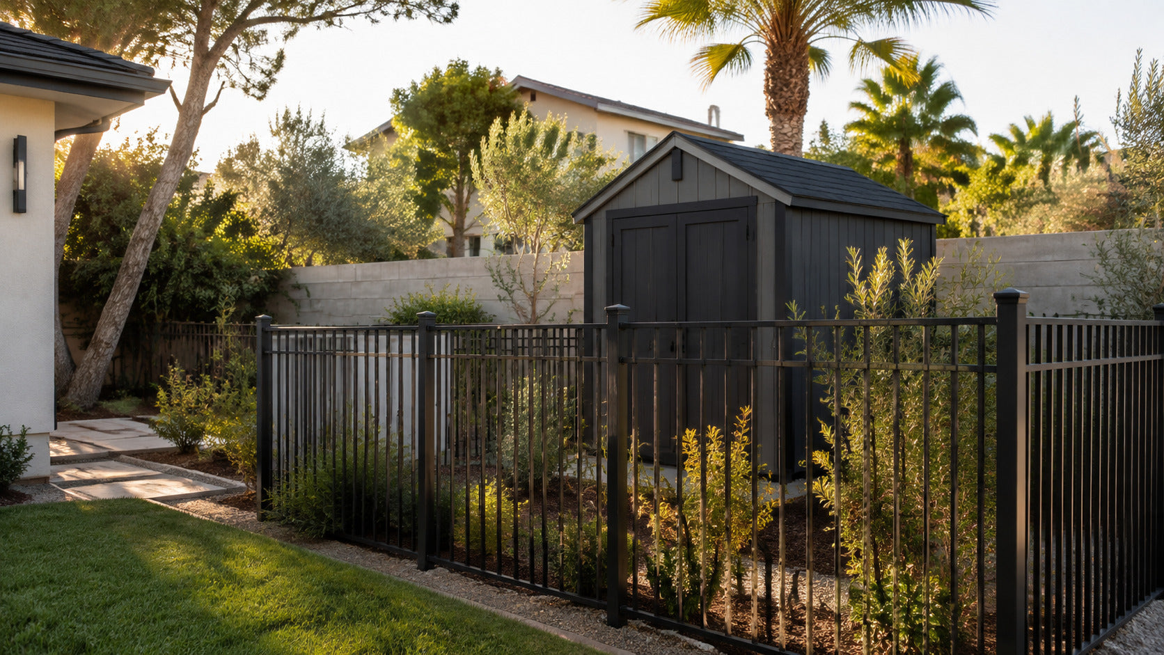 Dark metal fence around a landscaped backyard with a storage shed