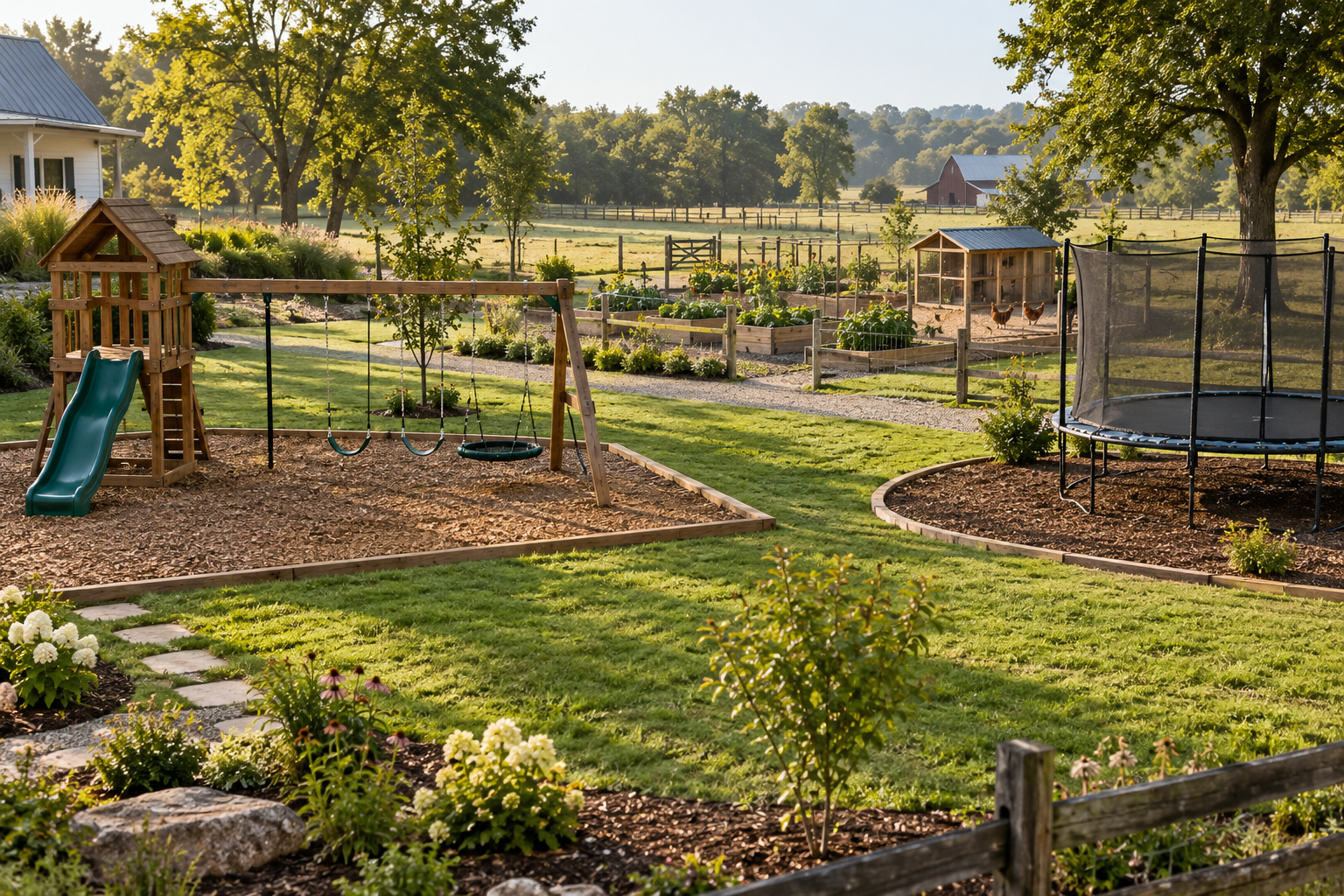 Well-planned homestead backyard with separate swing and trampoline play zones