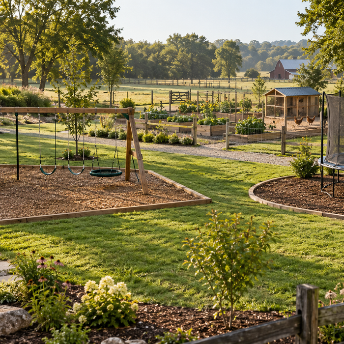 Well-planned homestead backyard with separate swing and trampoline play zones