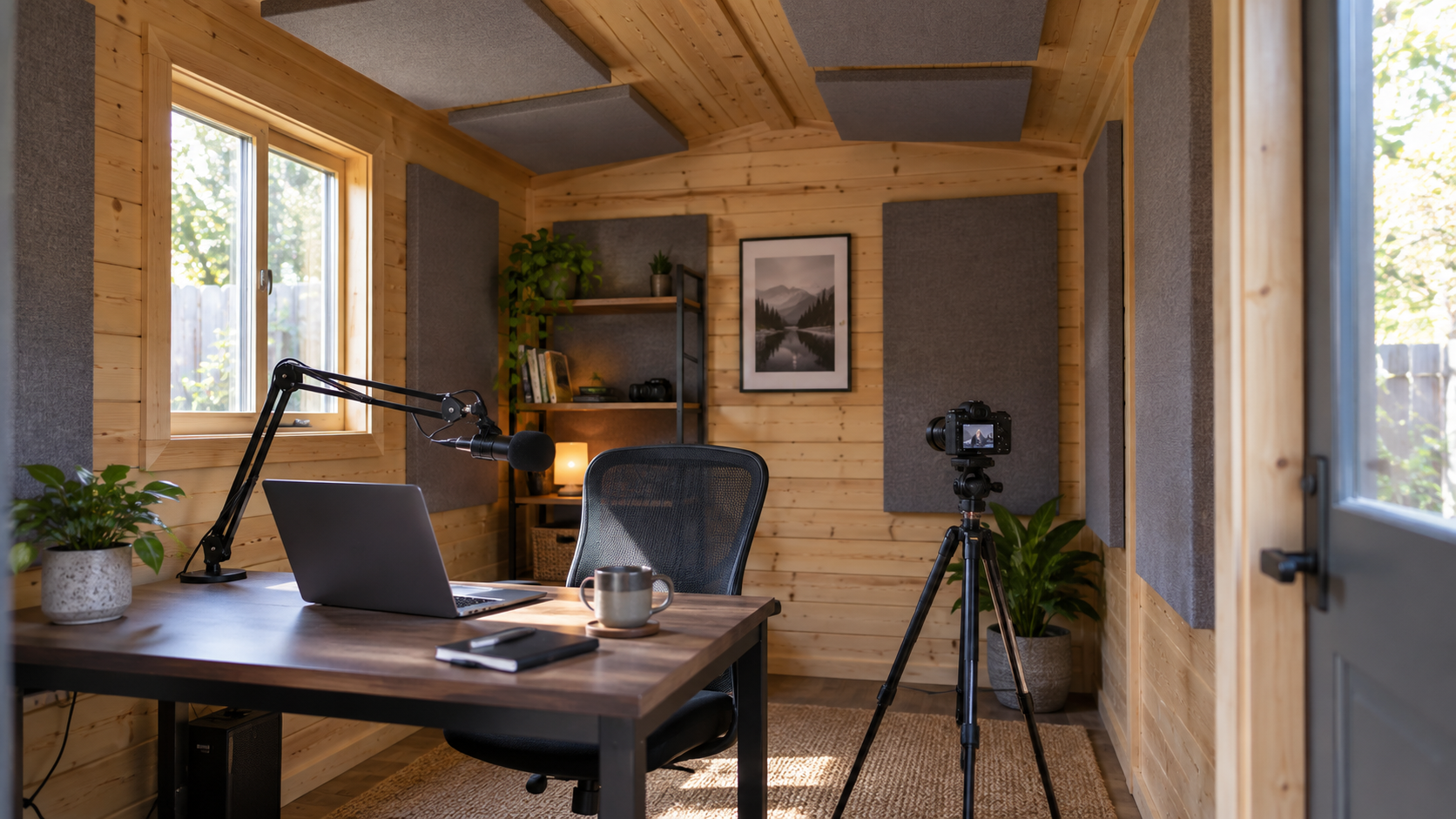 Backyard shed converted into a podcast and video recording studio