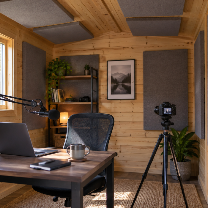 Backyard shed converted into a podcast and video recording studio