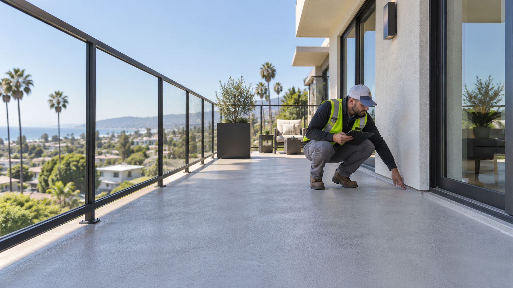 Inspector assesses a California apartment balcony for waterproofing repairs