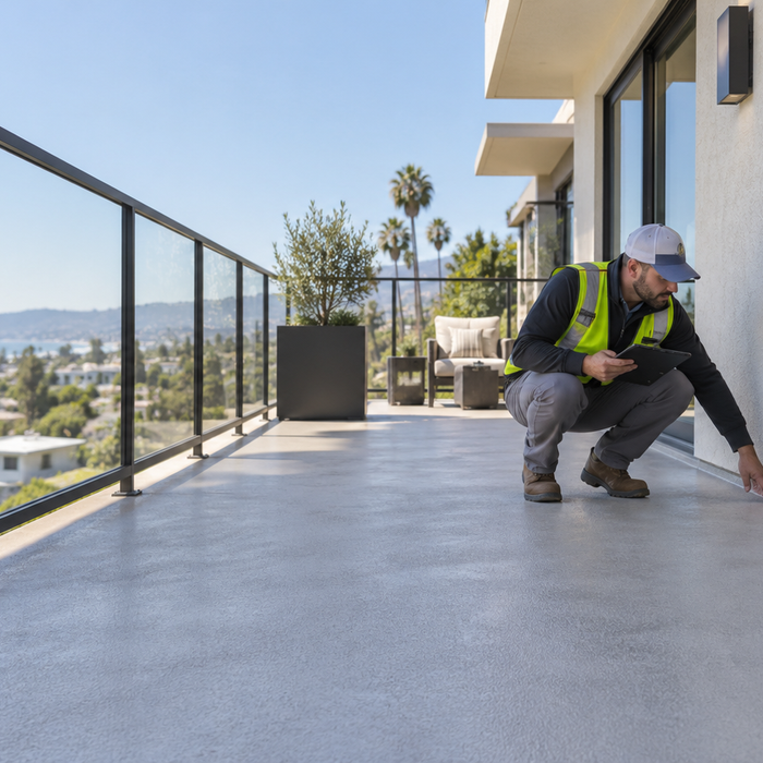 Inspector assesses a California apartment balcony for waterproofing repairs