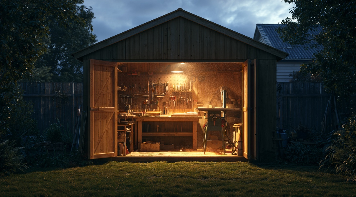 Lit backyard shed workshop with power tools during quiet evening hours