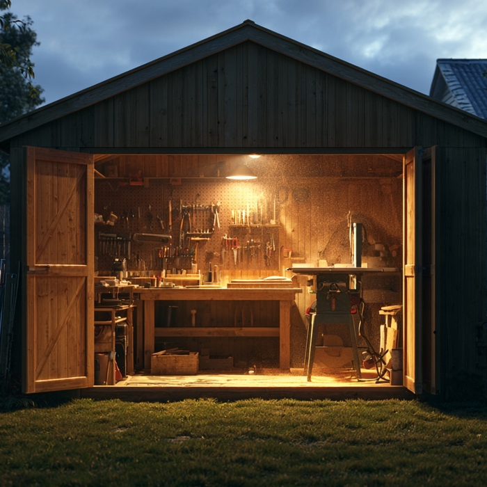 Lit backyard shed workshop with power tools during quiet evening hours