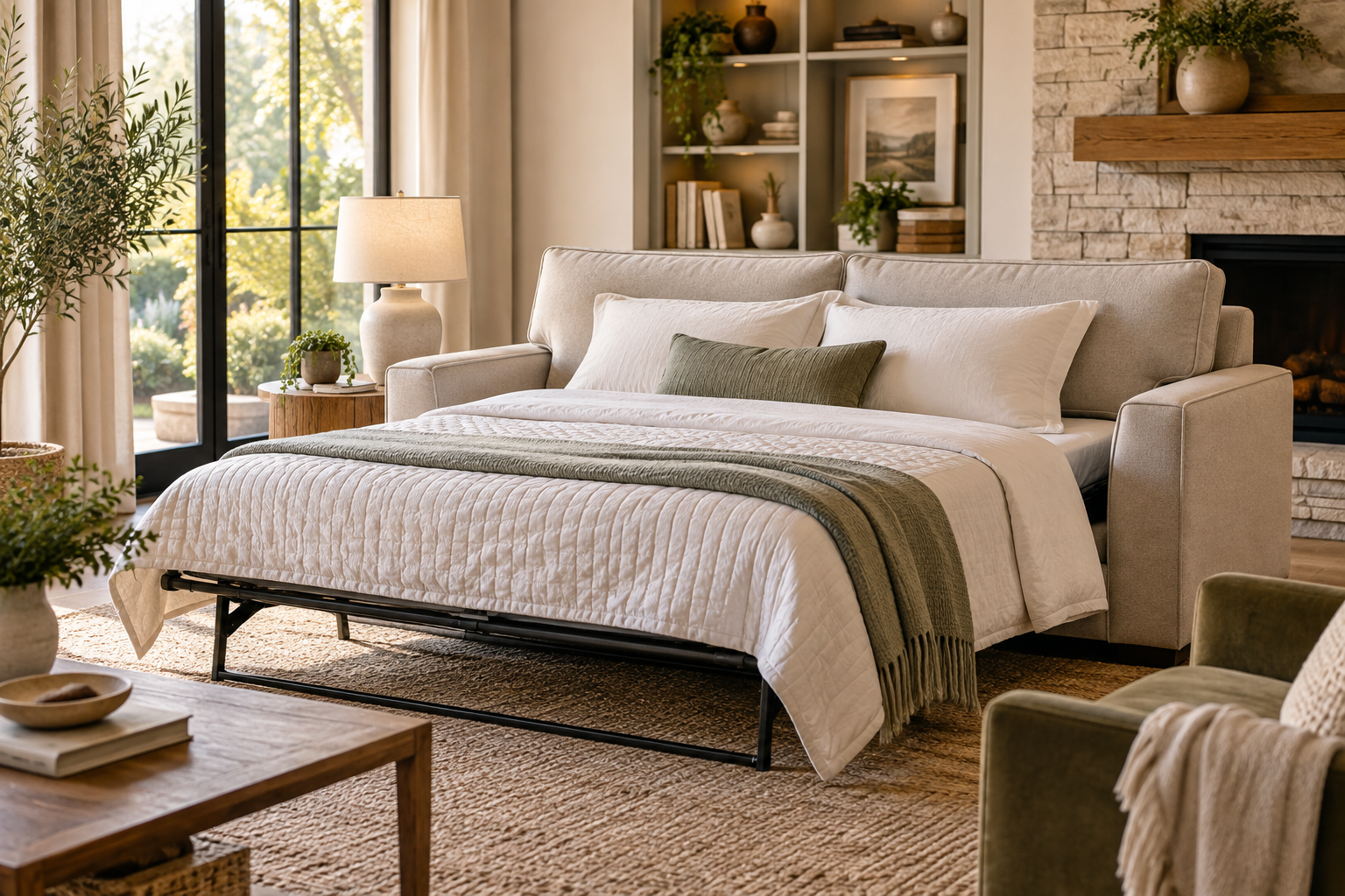 Modern queen sleeper sofa prepared for overnight guests