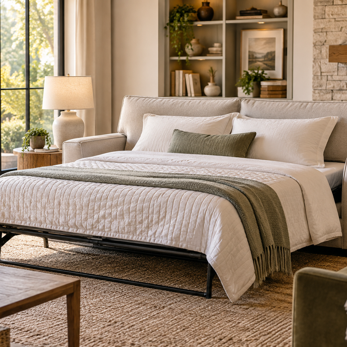 Modern queen sleeper sofa prepared for overnight guests