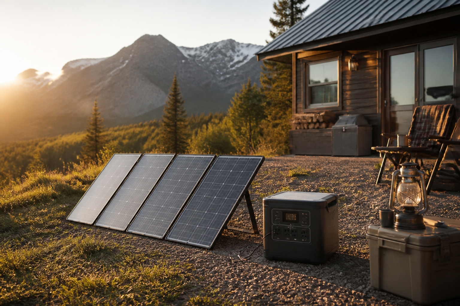 Portable solar panels charging a power station beside a remote cabin