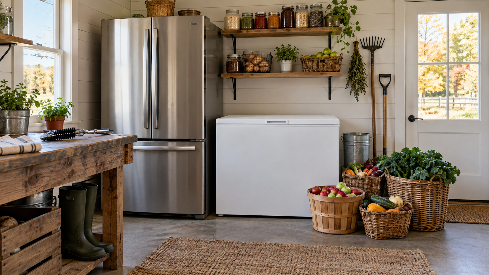 Refrigerator and chest freezer in a tidy homestead utility room during harvest season
