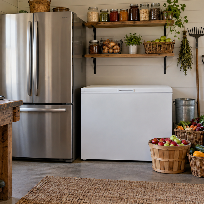 Refrigerator and chest freezer in a tidy homestead utility room during harvest season