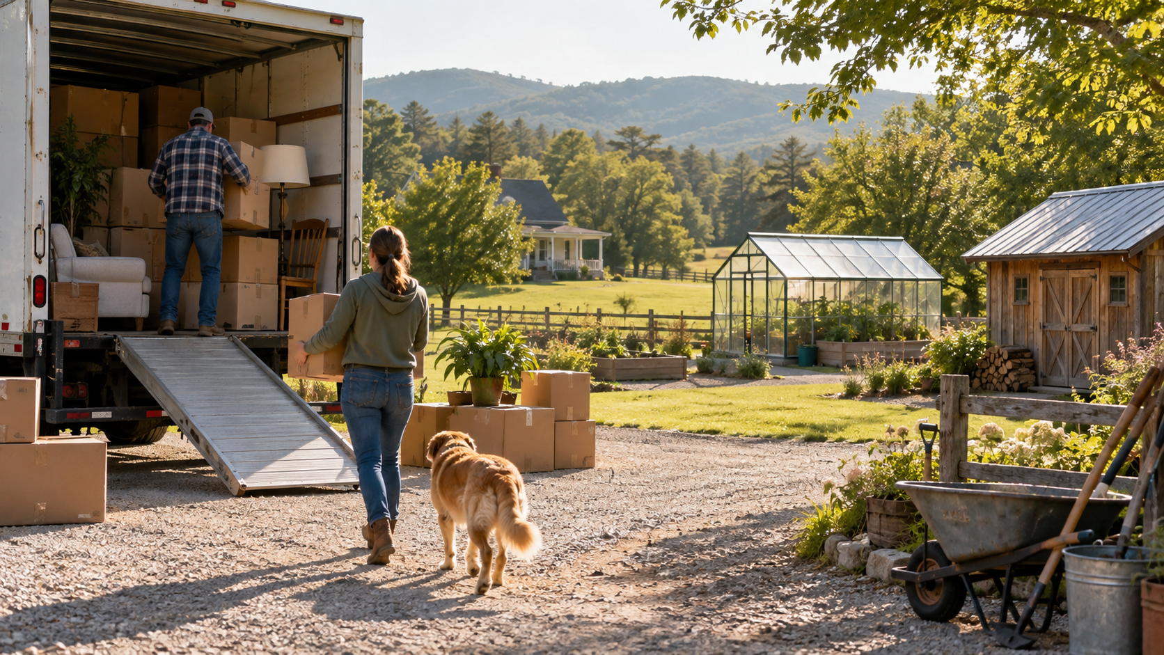 Moving truck being unloaded beside a rural homestead greenhouse and shed