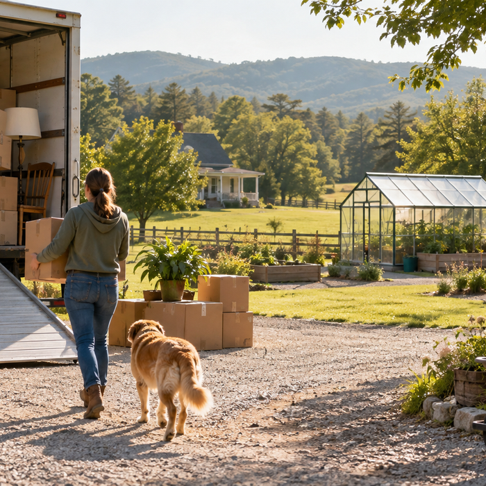 Moving truck being unloaded beside a rural homestead greenhouse and shed
