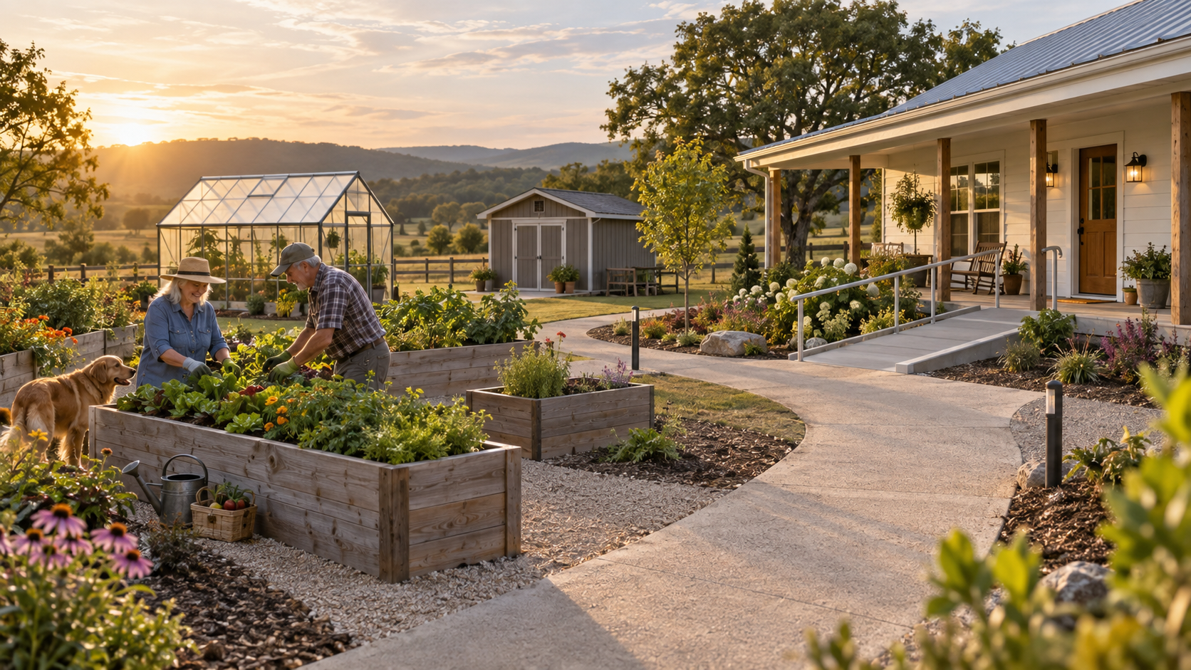 Accessible rural homestead with wide paths, ramp, greenhouse, shed, and raised garden beds