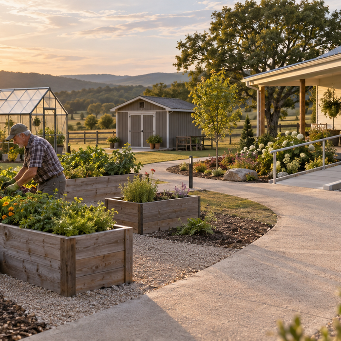 Accessible rural homestead with wide paths, ramp, greenhouse, shed, and raised garden beds