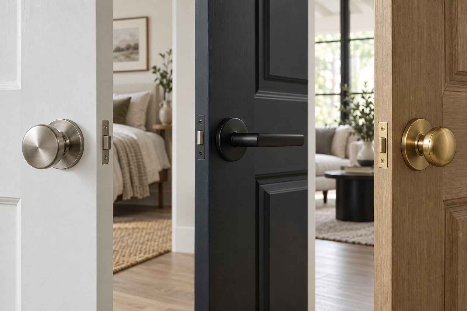 Three interior doors showing brushed nickel, black lever, and brass knob hardware