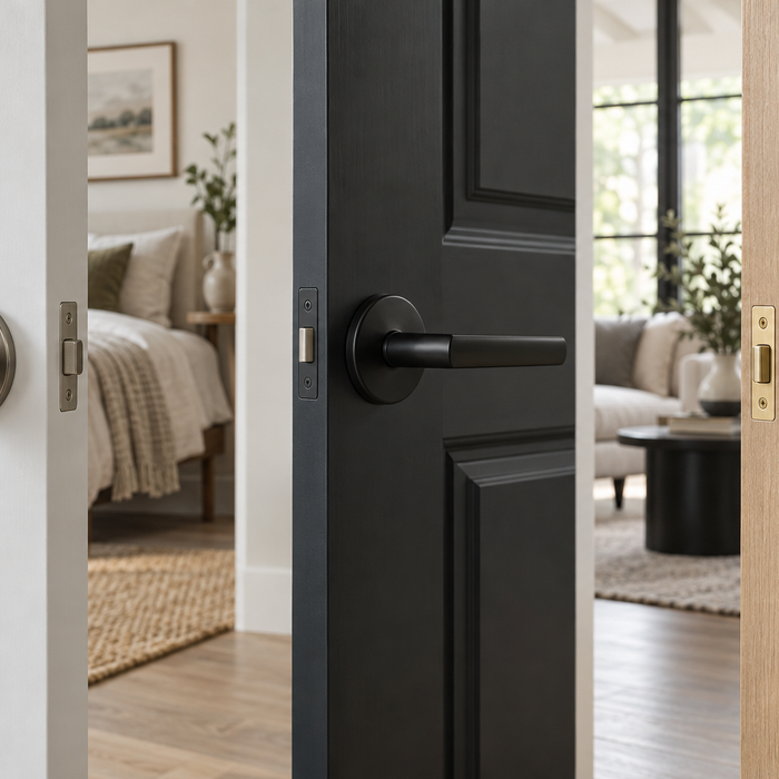 Three interior doors showing brushed nickel, black lever, and brass knob hardware