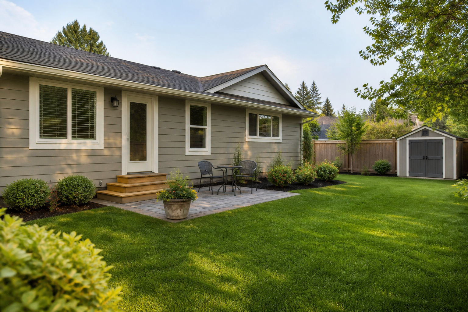 Well-maintained rental home with a garden, patio, and storage shed