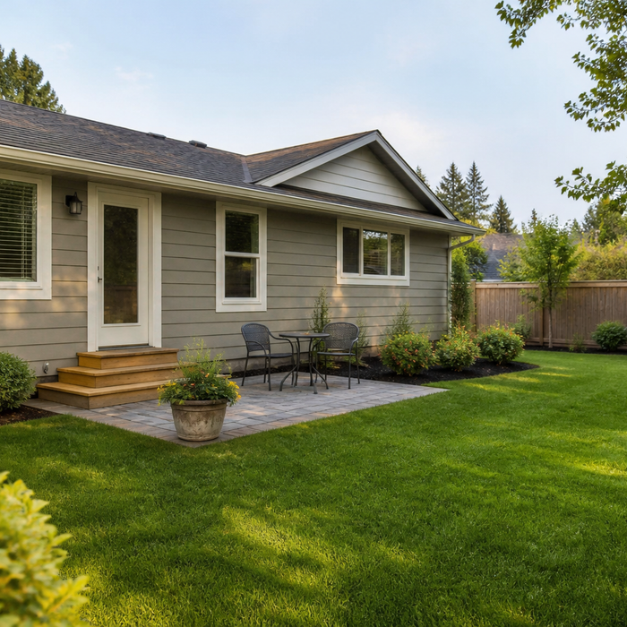 Well-maintained rental home with a garden, patio, and storage shed