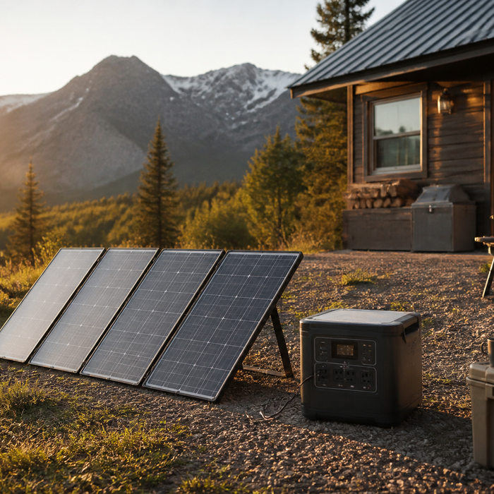 Portable solar panels charging a power station beside a remote cabin
