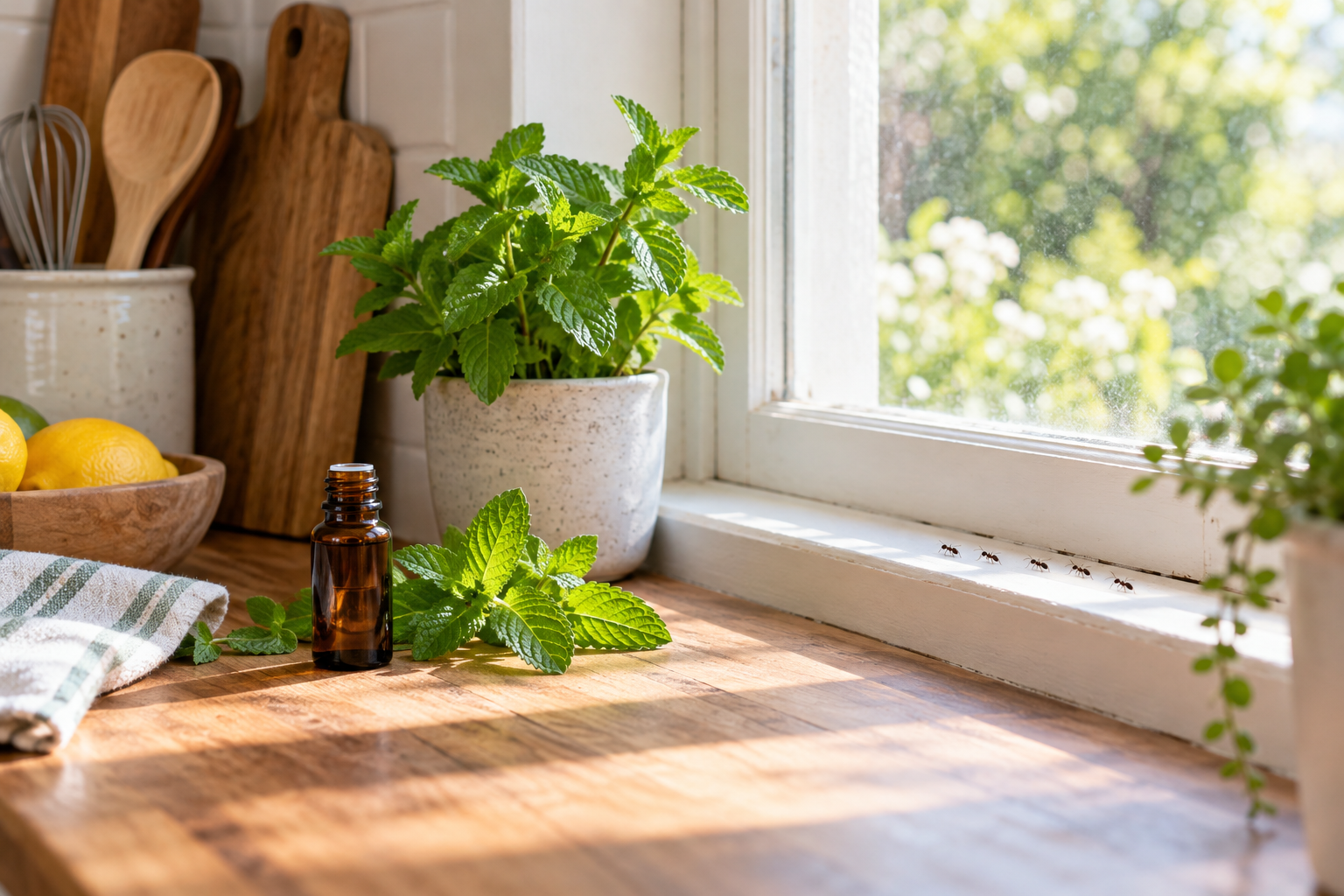 Peppermint leaves and essential oil near ants on a sunny kitchen windowsill