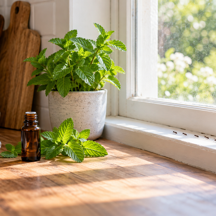 Peppermint leaves and essential oil near ants on a sunny kitchen windowsill